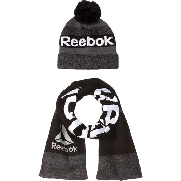 Reebok Cold Weather Beanie & Scarf Set Black Warm Lining‎ 100% Acrylic Yarn OS - Picture 1 of 9